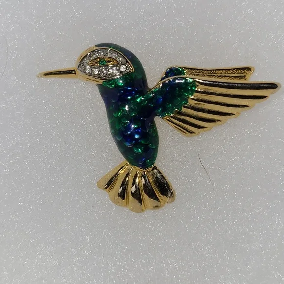 Hummingbird Brooch Green & Blue Enamel & Crystal Rhinestones Bird of Paradise 2" - Picture 2 of 8
